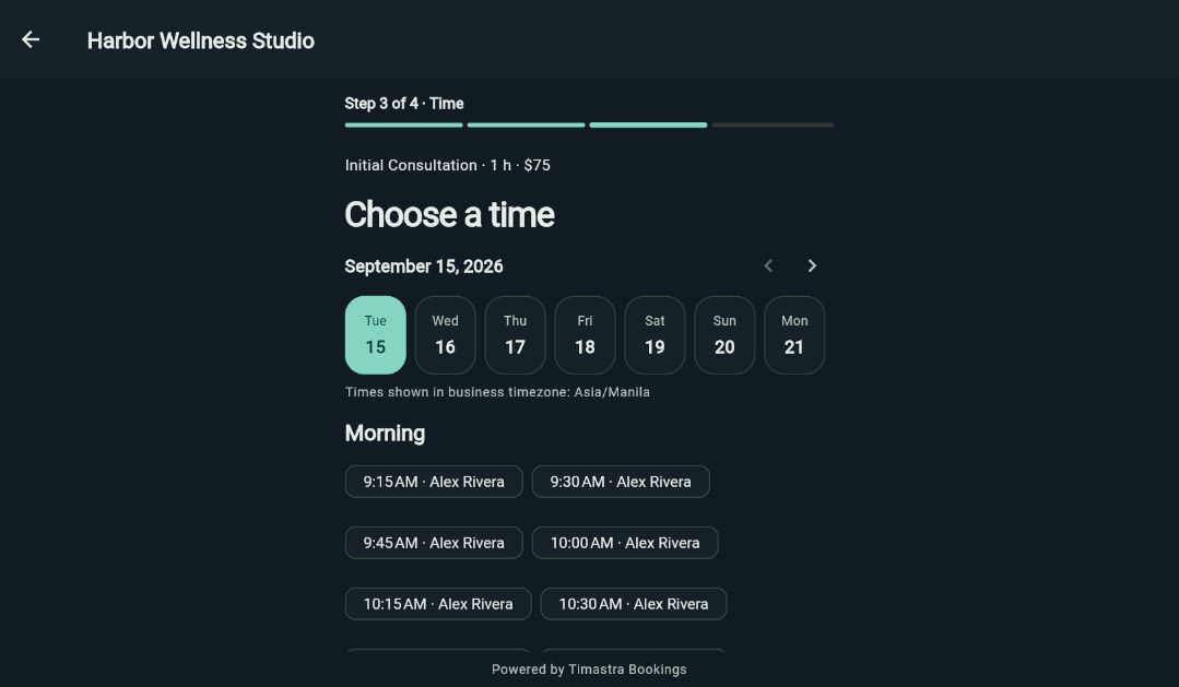 Bookings appointment selection with fictional sample availability